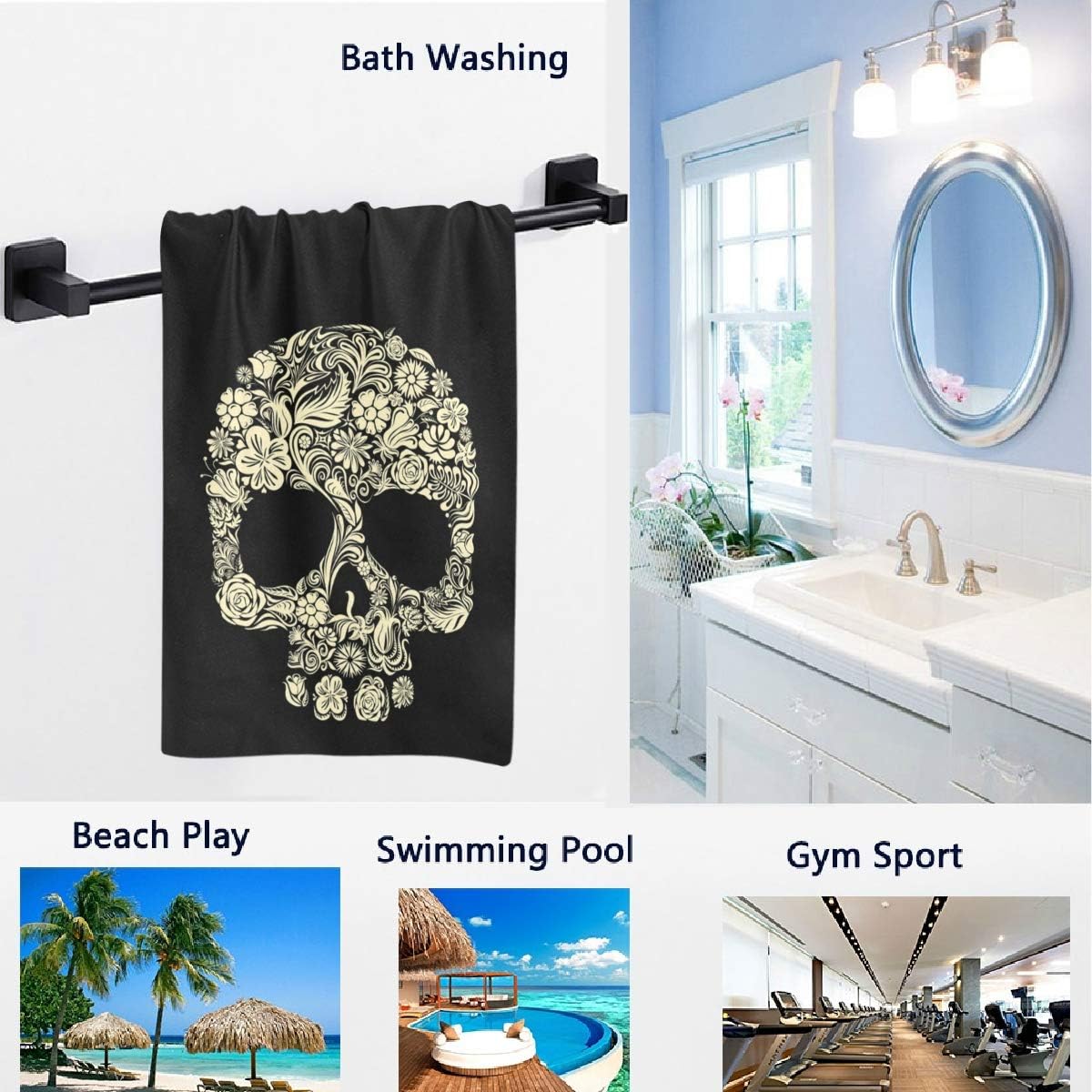 Naanle Chic Floral Skull Pattern Soft Large Hand Towels Multipurpose for Bathroom, Hotel, Gym and Spa (16" x 30",Black) - Image 2