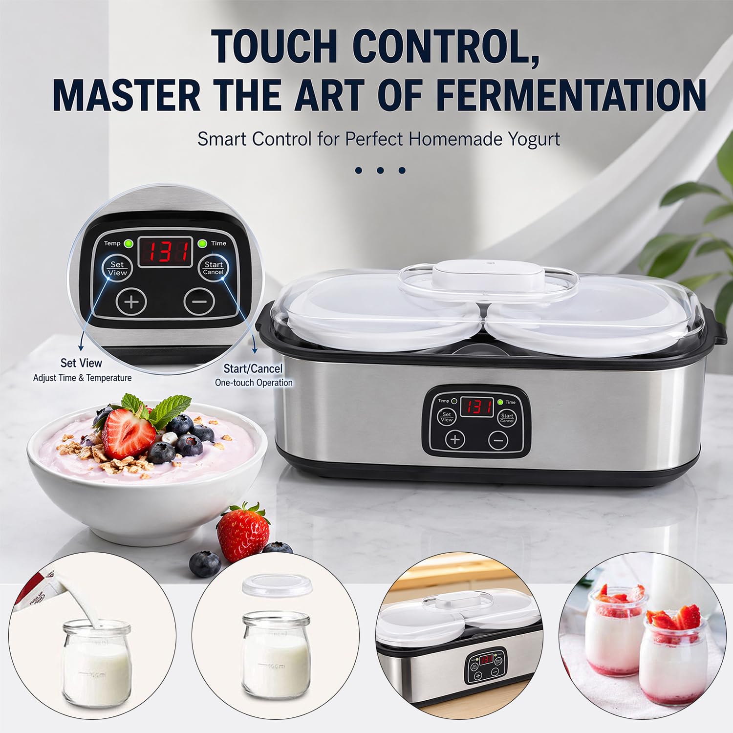 Yogurtiera automatica da 2 l, yogurtiera elettrica con temperatura e timer regolabili, indicatore LED con 2 contenitori in vetro per yogurt biologico, formaggio, natto, vino di riso