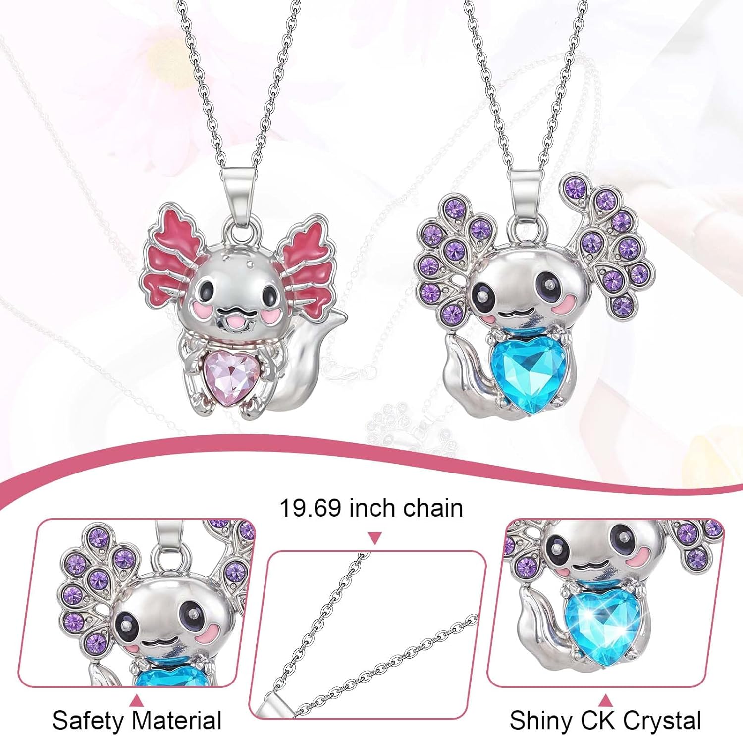 2PCS Cute Axolotl Necklaces for Girl Boy,Blue and Pink Crystal Heart Pendant Necklace,Alloy Axolotl Necklace Good Lluck Jewelry Gift for Birthday Christmas Graduation Gift - Image 3