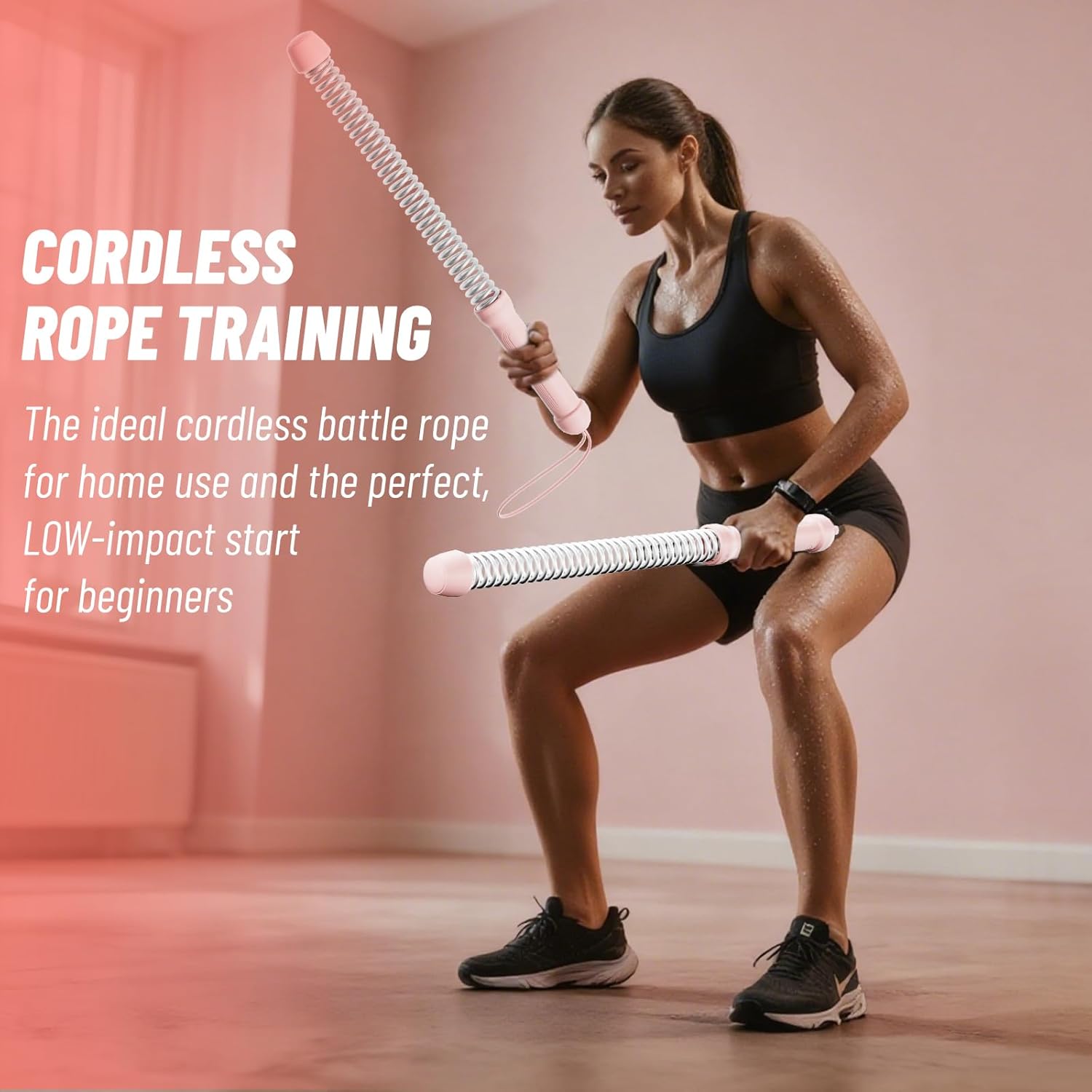 ropeless battle ropes for home gym - heavy duty cordless workout ropes for hiit, strength & cardio training, portable exercise equipment for men & women, low-impact fitness rope (pink)
