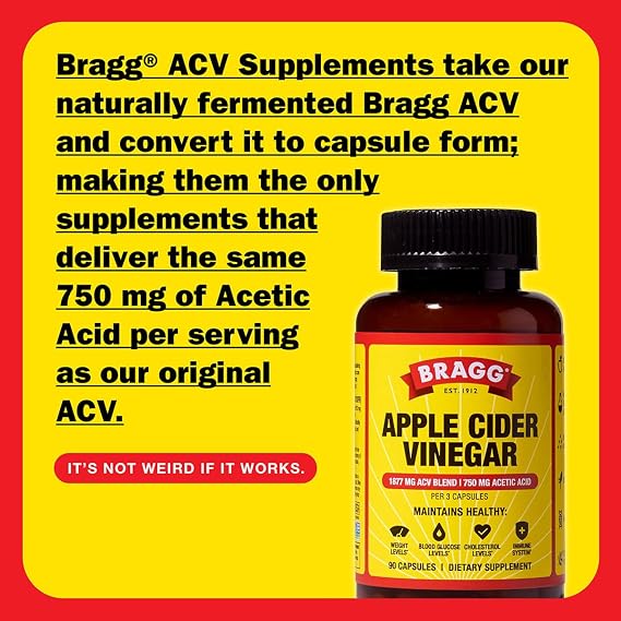 Bragg Original & True Energy Apple Cider Vinegar Capsules - Vitamin D3 & Zinc - B-12 Vitamins Caffeine Free - 750mg of Acetic Acid Immune & Weight Management Support - Non-GMO, Vegan, Gluten