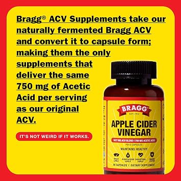 Bragg Original & True Energy Apple Cider Vinegar Capsules - Vitamin D3 & Zinc - B-12 Vitamins Caffeine Free - 750mg of Acetic Acid Immune & Weight Management Support - Non-GMO, Vegan, Gluten