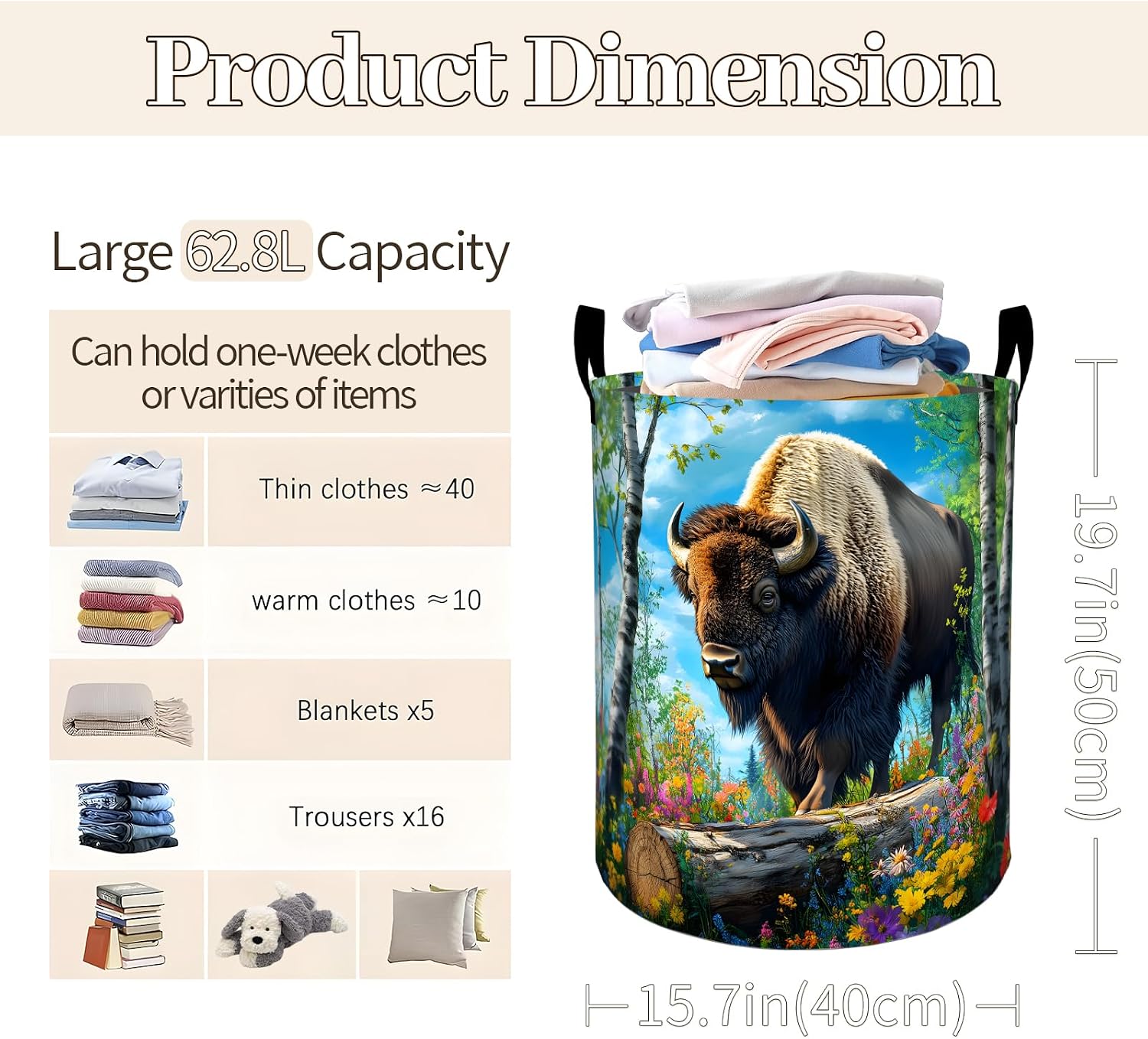 Strong Bison in Birch Forest with Floral Laundry Basket 19.7"x15.7", Collapsible Dirty Clothes Waterproof Laundry Hamper Organizer Toy Storage Bin for Dorm Nursery Bathroom Decor image 3
