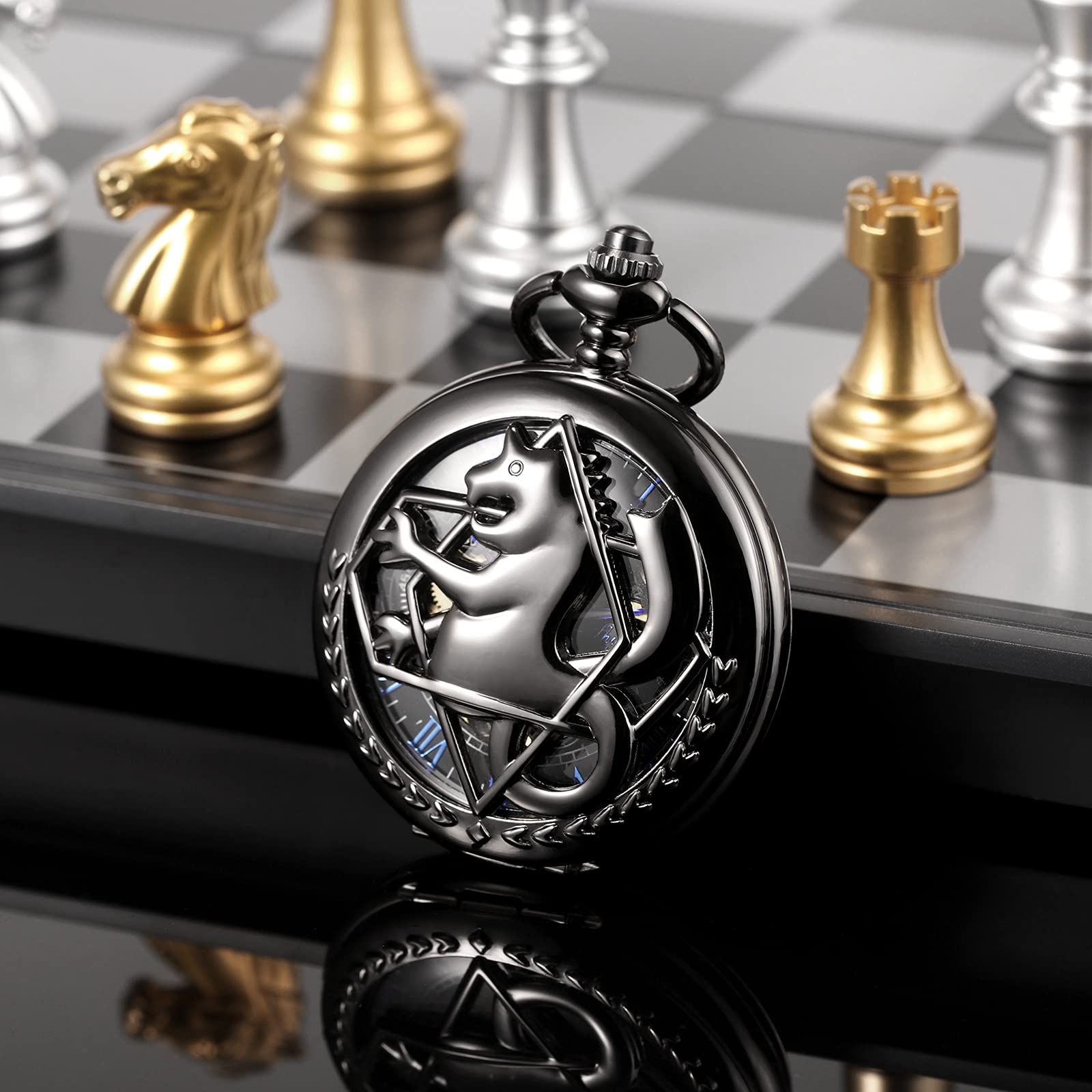 TREEWETO Montre de Poche Unisexe Mécanique à Double Couverture Complète en Métal Alchimiste Squelette Steampunk pour Hommes Femmes avec Chaîne