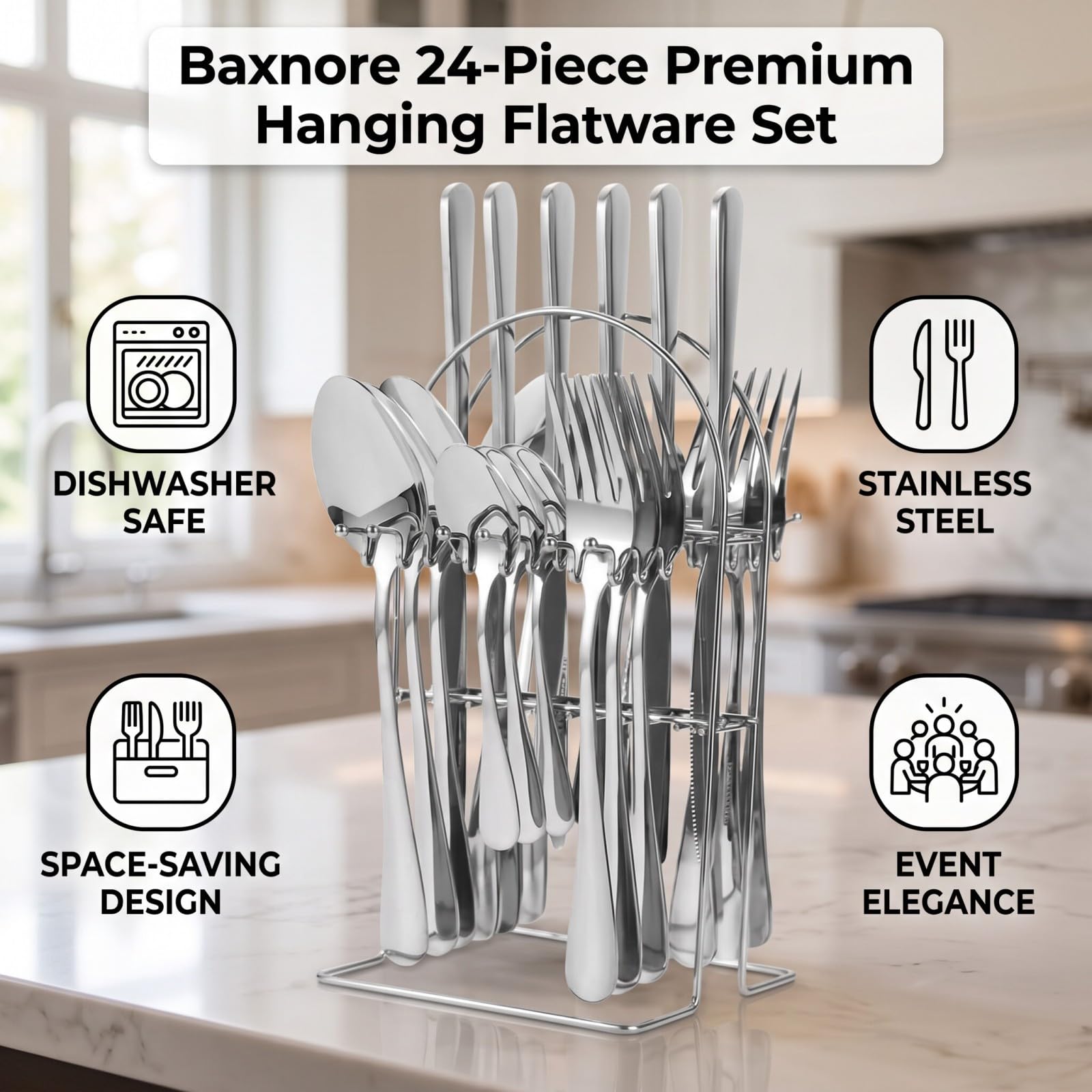 24pcs Ensemble de couverts suspendus en acier inoxydable, ensemble de couverts, ustensiles de cuisine ménagers pour une fête de restauration hôtelière quotidienne