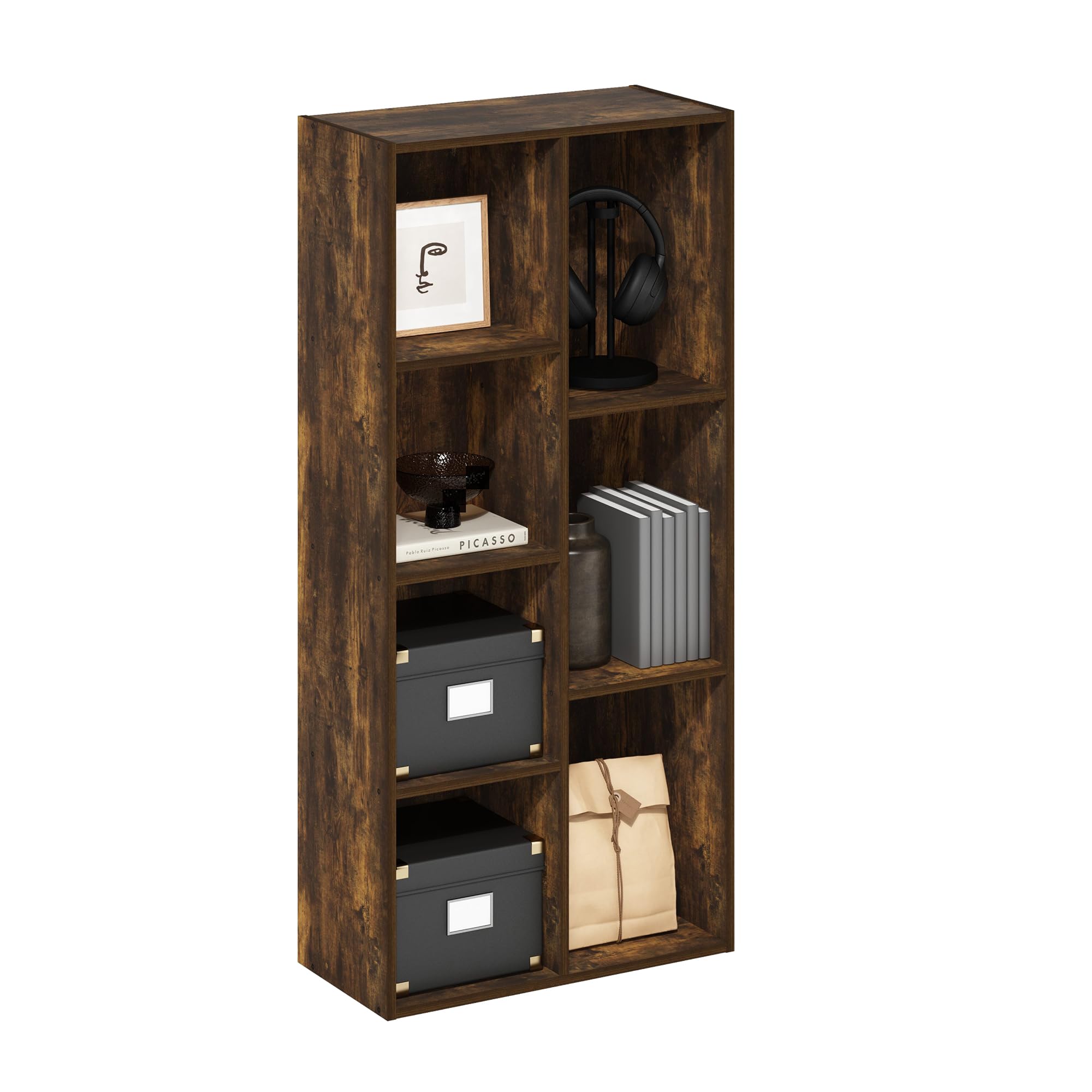 Furinno LUDER Book Shelf, 7-Cube Bookshelf, Bookcase, 9.4 x 19.5 x 41.7, for Living Room, Bedroom, Home Office, Amber PINE — image 1