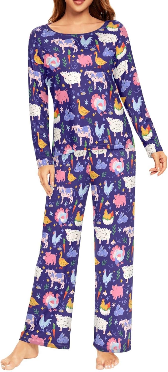 Women’s Pajama Hedgehogs Long Sleeve Sleep 2 Piece Soft Loungewear Casual Sleepwear Set