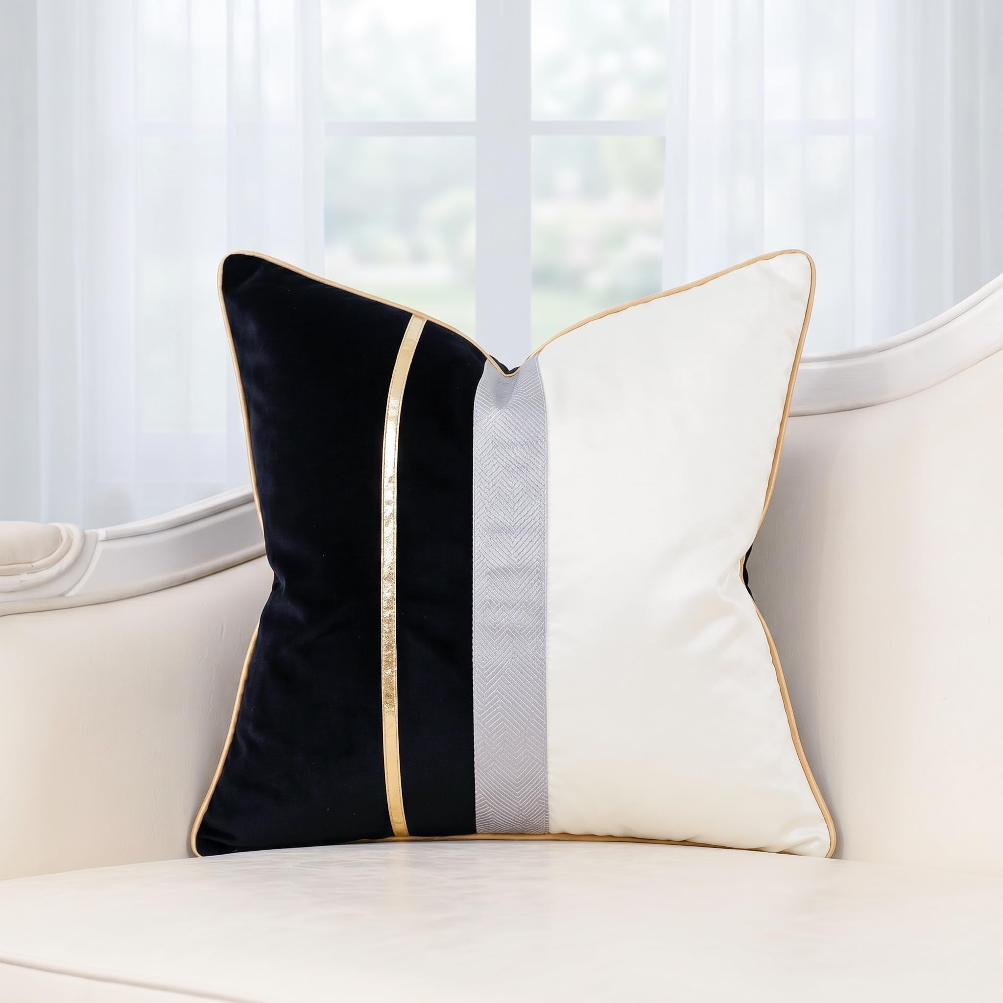 PANOD Funda de almohada de terciopelo negro con diseño de rayas doradas, funda de cojín de piel de lujo, moderna, cuadrada, para sofá, dormitorio, sala de estar, hogar, 45,7 x 45,7 cm