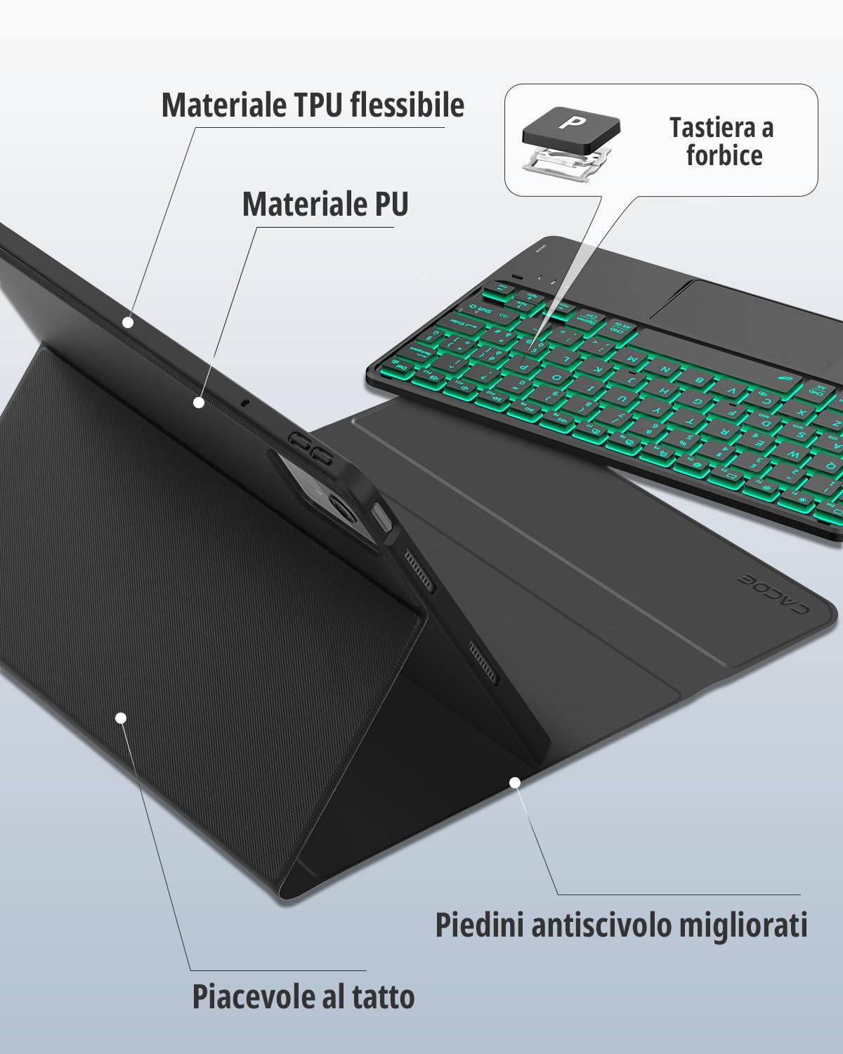 CACOE Cover con Tastiera Compatibile con Lenovo Idea Tab 11 Pollici Tablet 2025 con Touchpad, Custodia con Portapenne Tastiera Wireless Staccabile con Illuminazione a 7 Colori, Nero