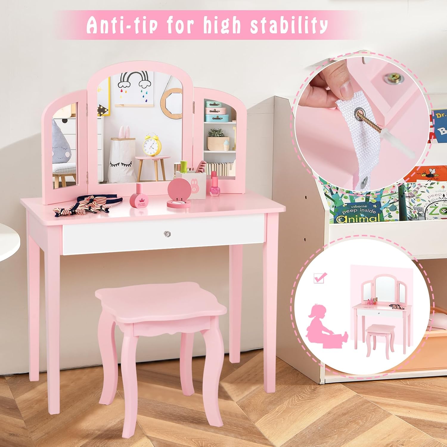 Olakids Kids Vanity Set, 2 in 1 Wooden Princess Makeup Table and Chair with Tri-Folding DetachableMirror Storage Drawer for Girls, Toddler Dressing Desk Pretend Beauty Play Set Toy Gift (Pink)