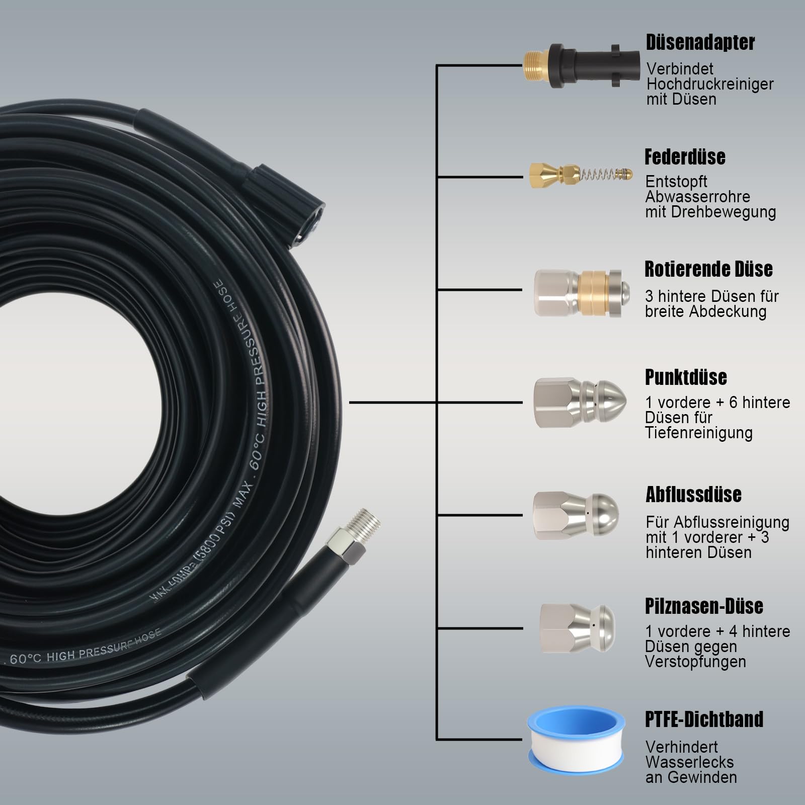 Tuyau de nettoyage de canalisations 30 m (par exemple K2 – K7) | 400 bar/60 ℃ avec 5 buses et adaptateur, compatible avec les nettoyeurs haute pression de la série K– Nettoyage efficace des