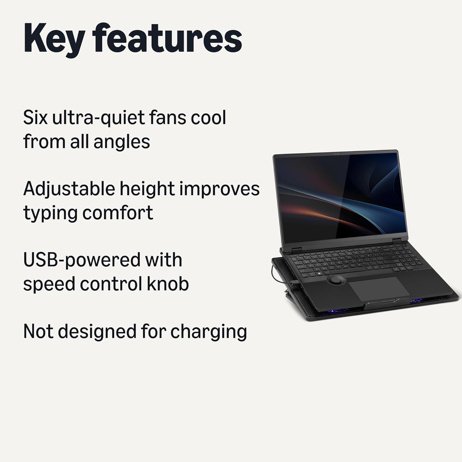 Amazon Basics Laptop Cooling Pad Stand with 6 Quiet Fans, for 12-17 inch laptops, w/USB A and USB C Ports, Height Adjustable