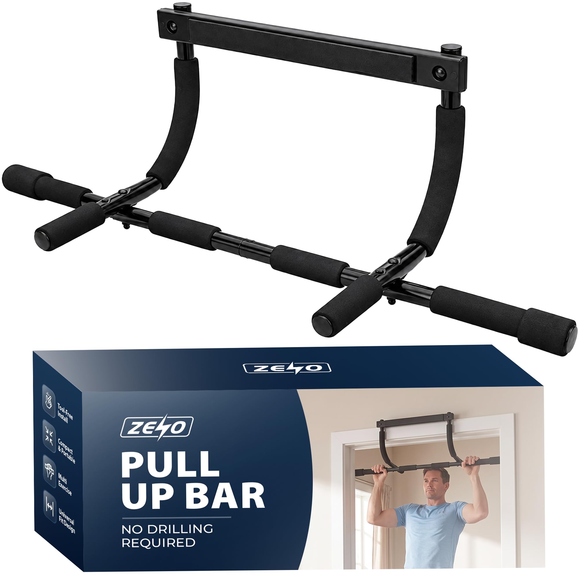 ZENO Pull Up Bar | Pull Up Bar for Doorway | Chin Up Bar with Padded Handles | Door Mounted Bar for Pull Ups | No Drilling Required | Black