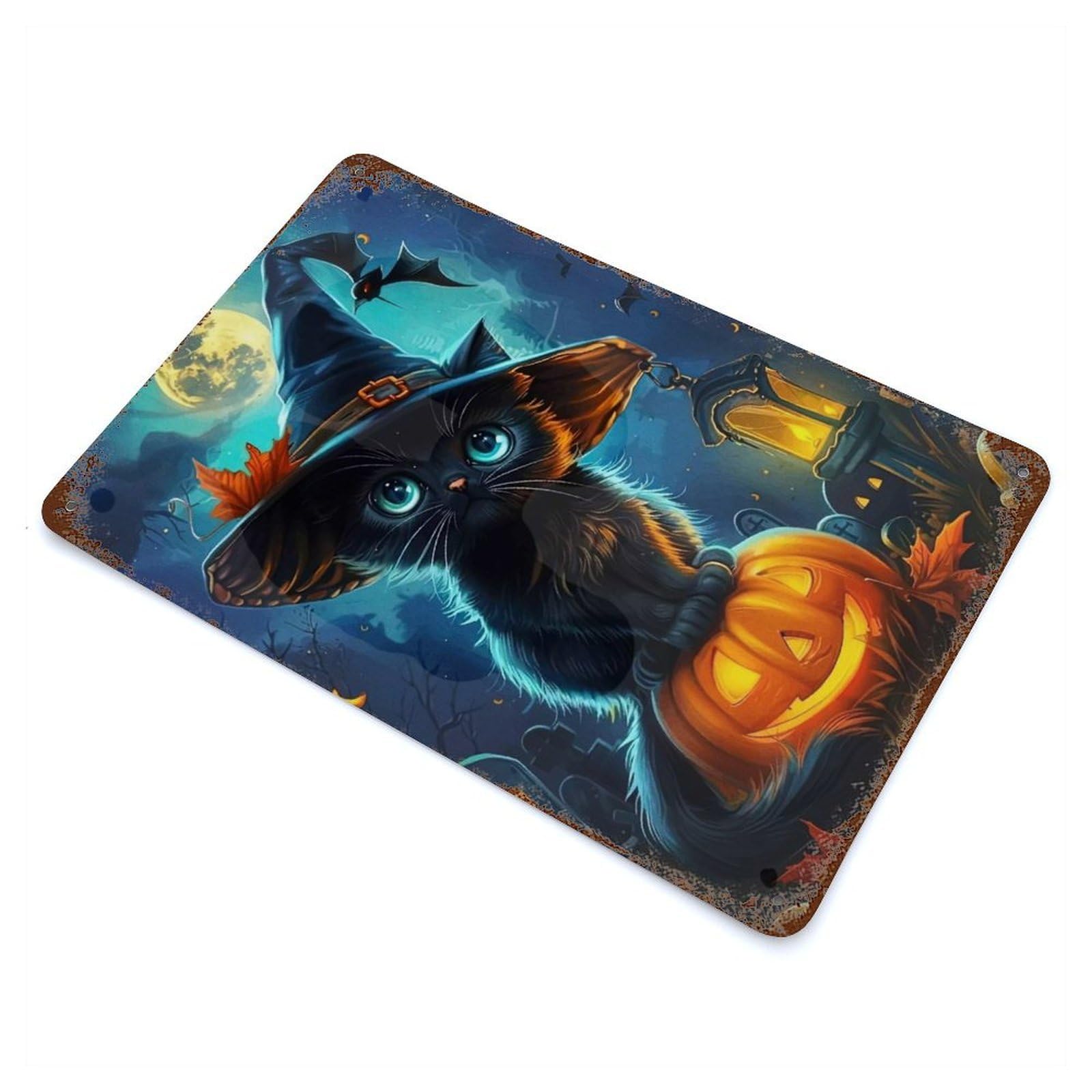 Halloween Cat on Pumpkin Rusty Metal Tin Sign 11.8"x7.9", Ideal for Farmhouse, Kitchen And Entryway Decor
