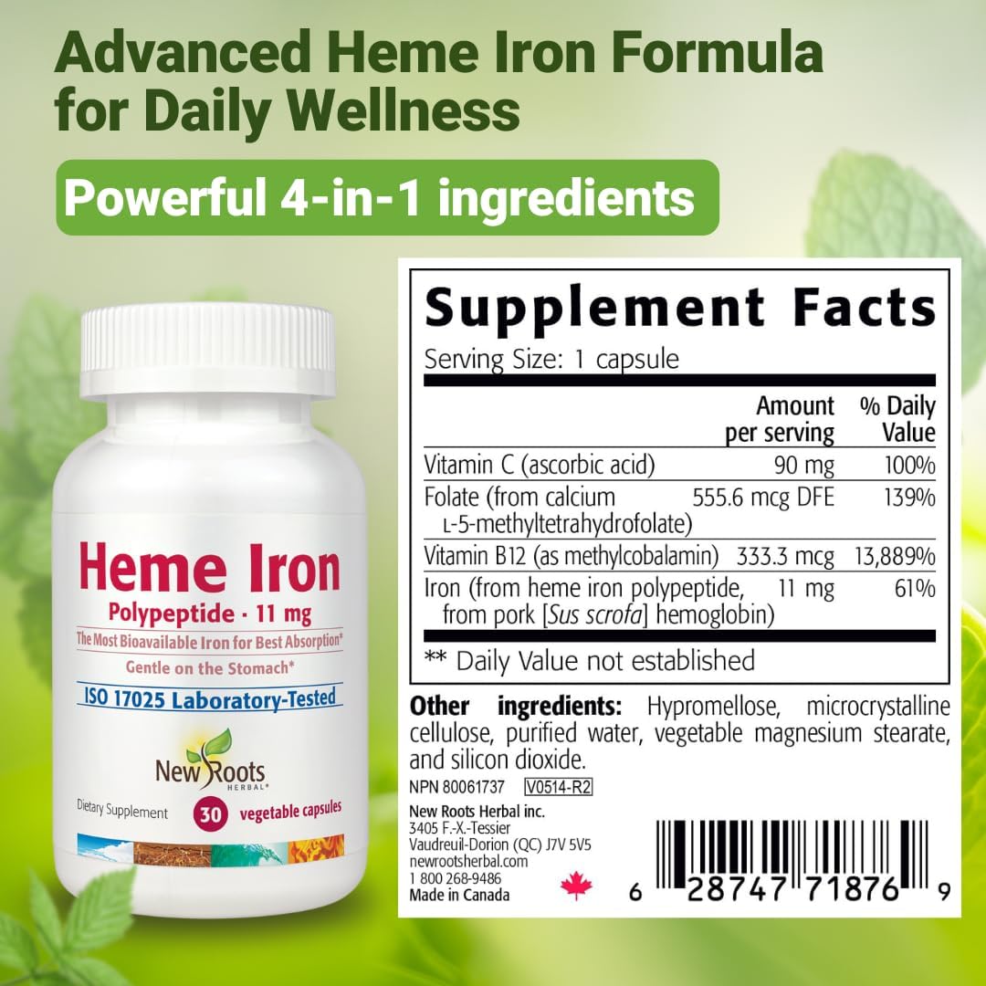 NEW ROOTS HERBAL Heme Iron Supplement | 4-in-1 Formula with Vitamin C, B12, Folate for Best Absorption | Raise Hemoglobin & Ferritin for Women & Men, Low-FODMAP (30 Capsules) - Image 6