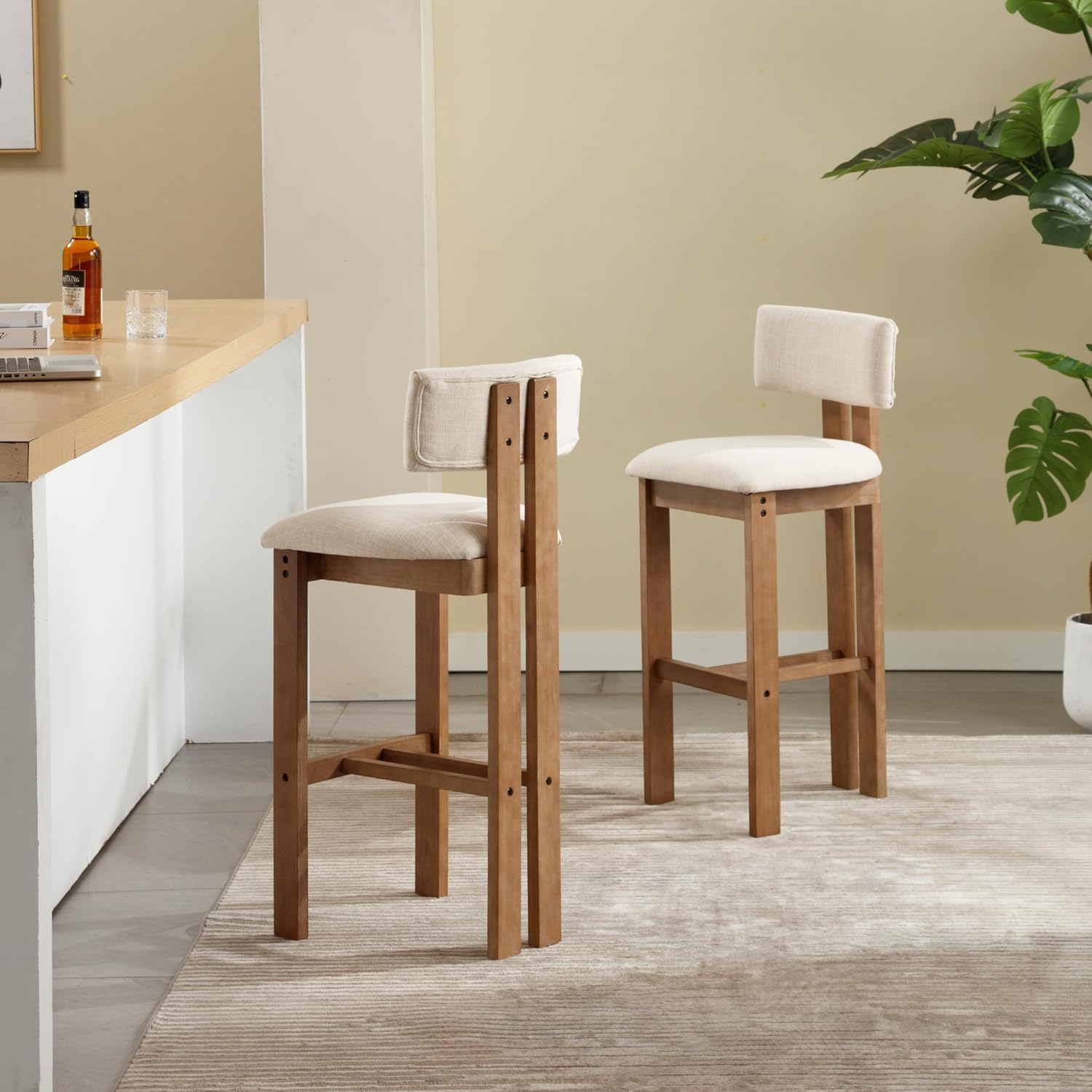 30" Mid Century Modern Counter Bar Stools for Kitchen Island Farmhouse Wooden Barstools Set of 2 with Linen Fabric Upholstered Curved Back for Patio/Balcony/Restaurant, Beige