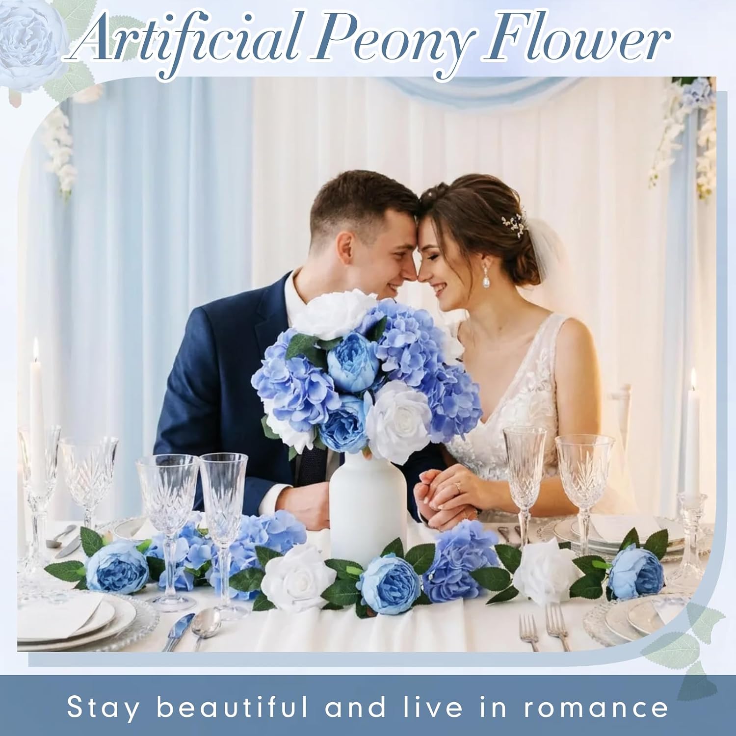 Suncalla 60 Pcs Assorted Silk Artificial Flowers, Faux Fake Full Hydrangea Peony Rose Bouquet with Leaf Stem for Wedding Centerpiece Bridal DIY Craft Baby Shower Party Decor(Blue)