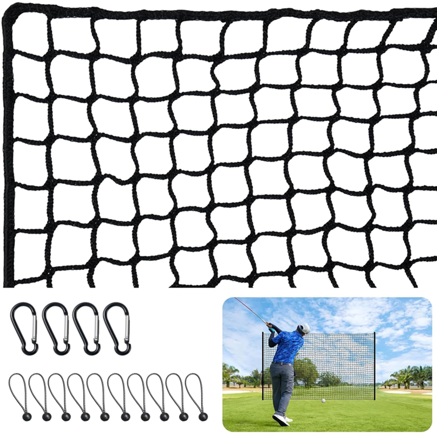 Red de Práctica Golf con Cuerdas de Sujeción, Poliéster Resistente para Entrenamiento Exterior/Interior - Portátil y Antidesgarro Negro