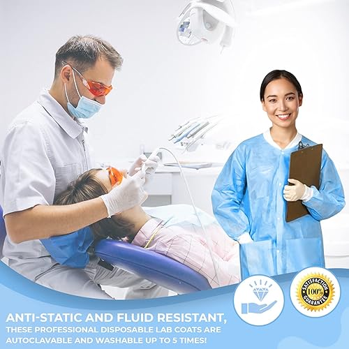 Miniatura 7 de Paquete de 10 abrigos de laboratorio desechables Abrigo de laboratorio duradero de 1.76 oz SMS hasta la rodilla, reutilizable, con puños y