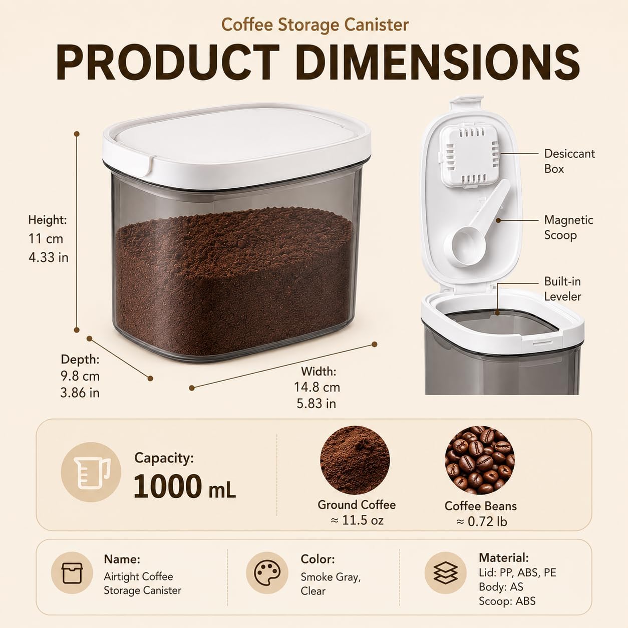 Coffee Canister, 11.5oz Coffee Bean Storage, Airtight with Scoop