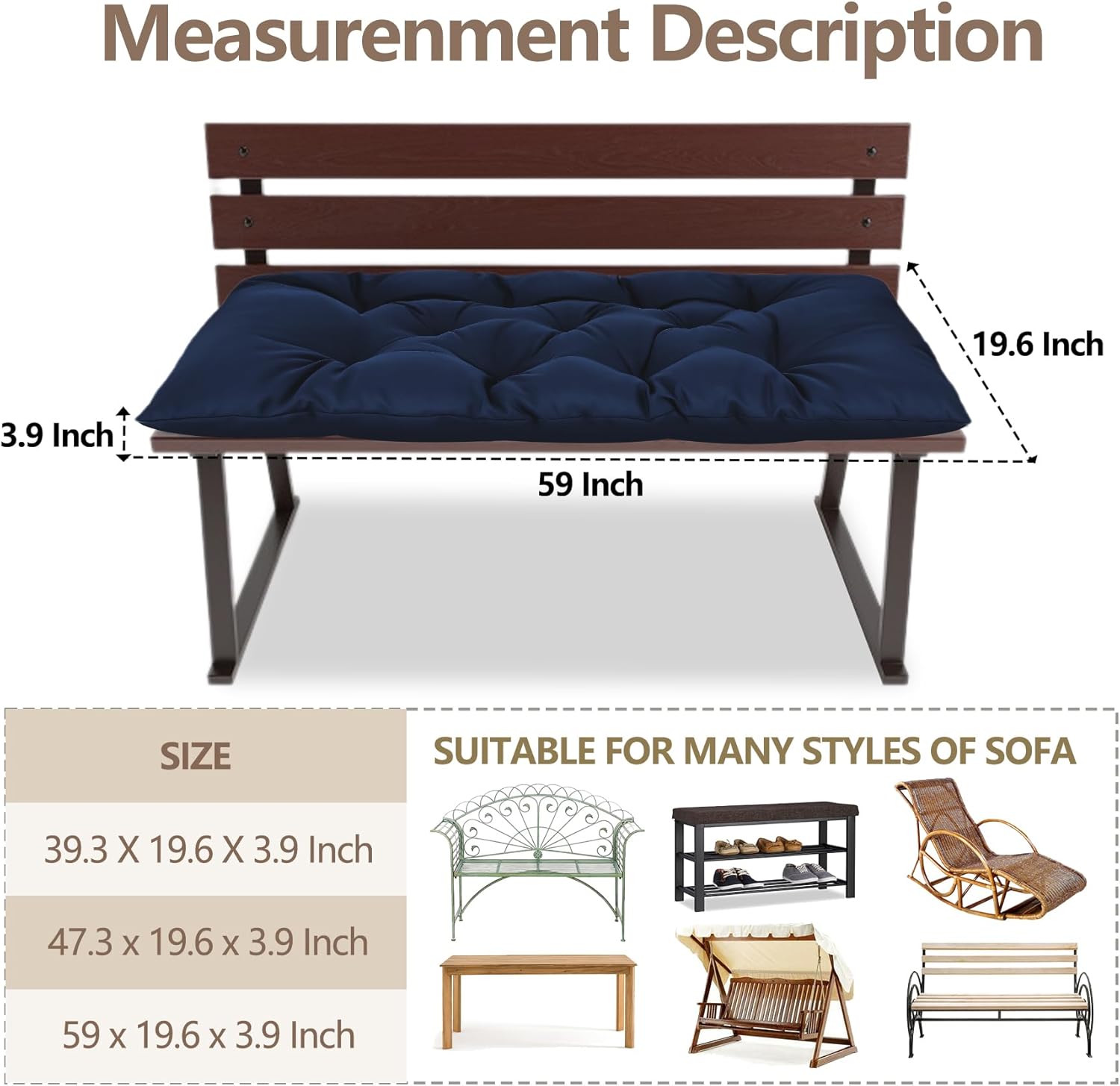 59 inch Waterproof Indoor/Outdoor Garden Bench Seat Cushions,Thicken Patio Bench Soft Rocking Chairs Pad Lounger Seat for Porch Wicker Loveseat Settee (59x19.6x3.9 inch,Navy