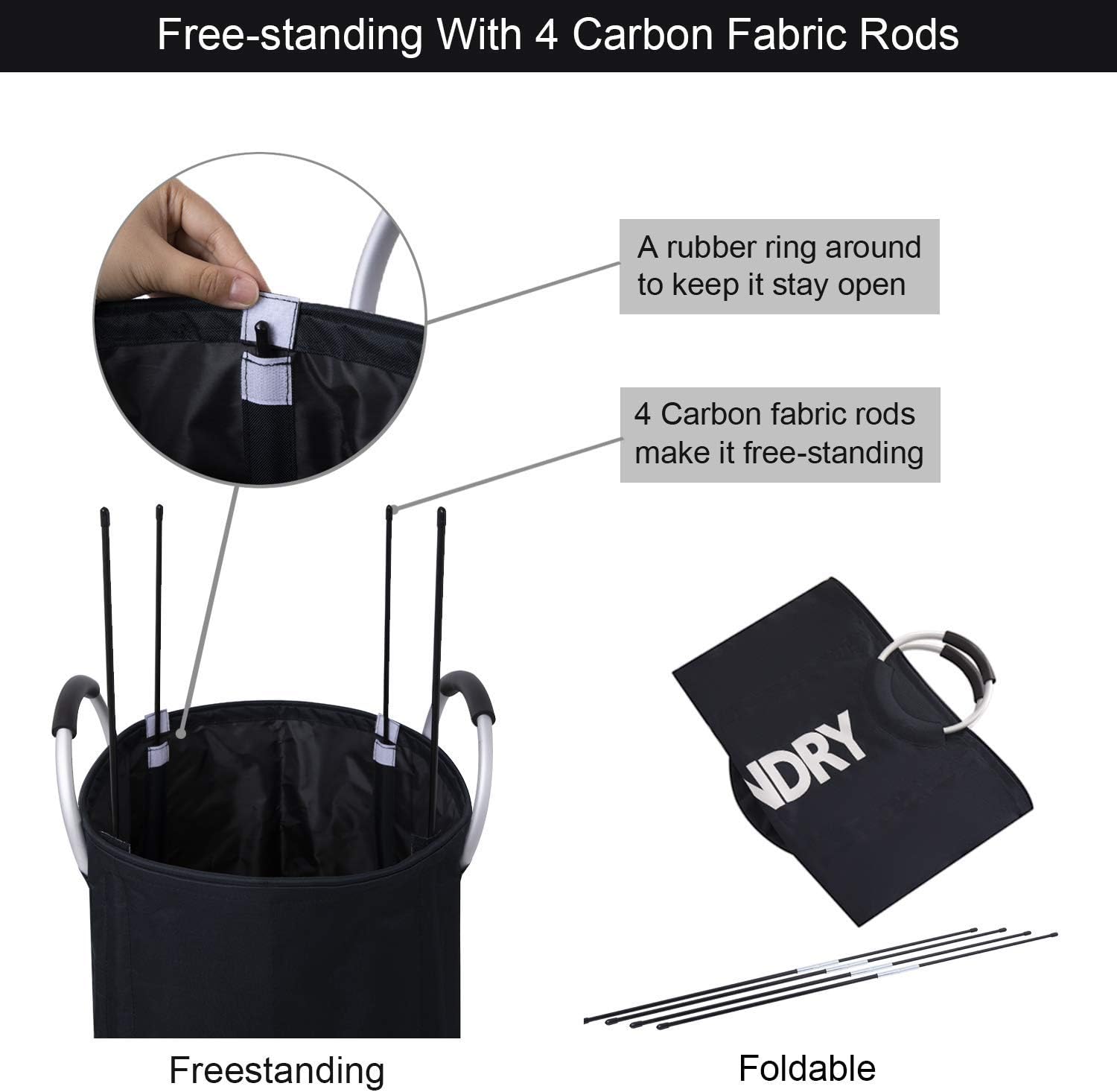 92L Large Laundry Hamper Freestanding Laundry Basket with Supportive Rods and Big Metal Handles for Apartment, Laundromat, College Dorm, Camp, RV