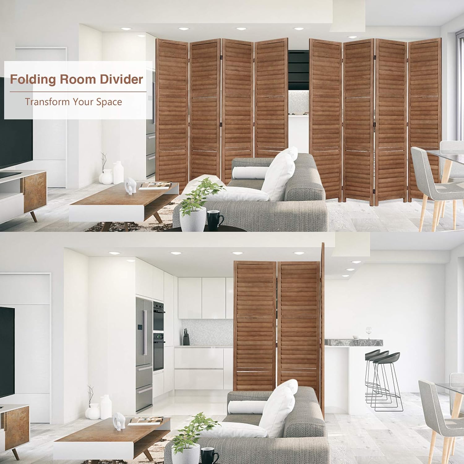 Esright 4 Panel Wood Room Divider, 5.6 Ft Tall Folding Privacy Screen Room Divider, Freestanding Partition Wall Dividers for Office,Bedroom, Brown