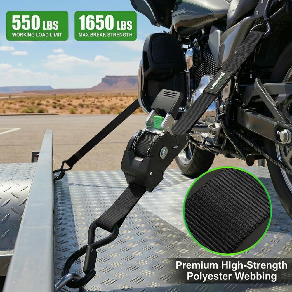 Retractable Ratchet Straps (4-Pack) - 1 Inch x 10 Feet (1,650lb Break Strength) - Heavy Duty Auto Self Retracting Tie Down Straps for Motorcycle, ATV, UTV, Truck, Cargo Trailer - Black - Image 4