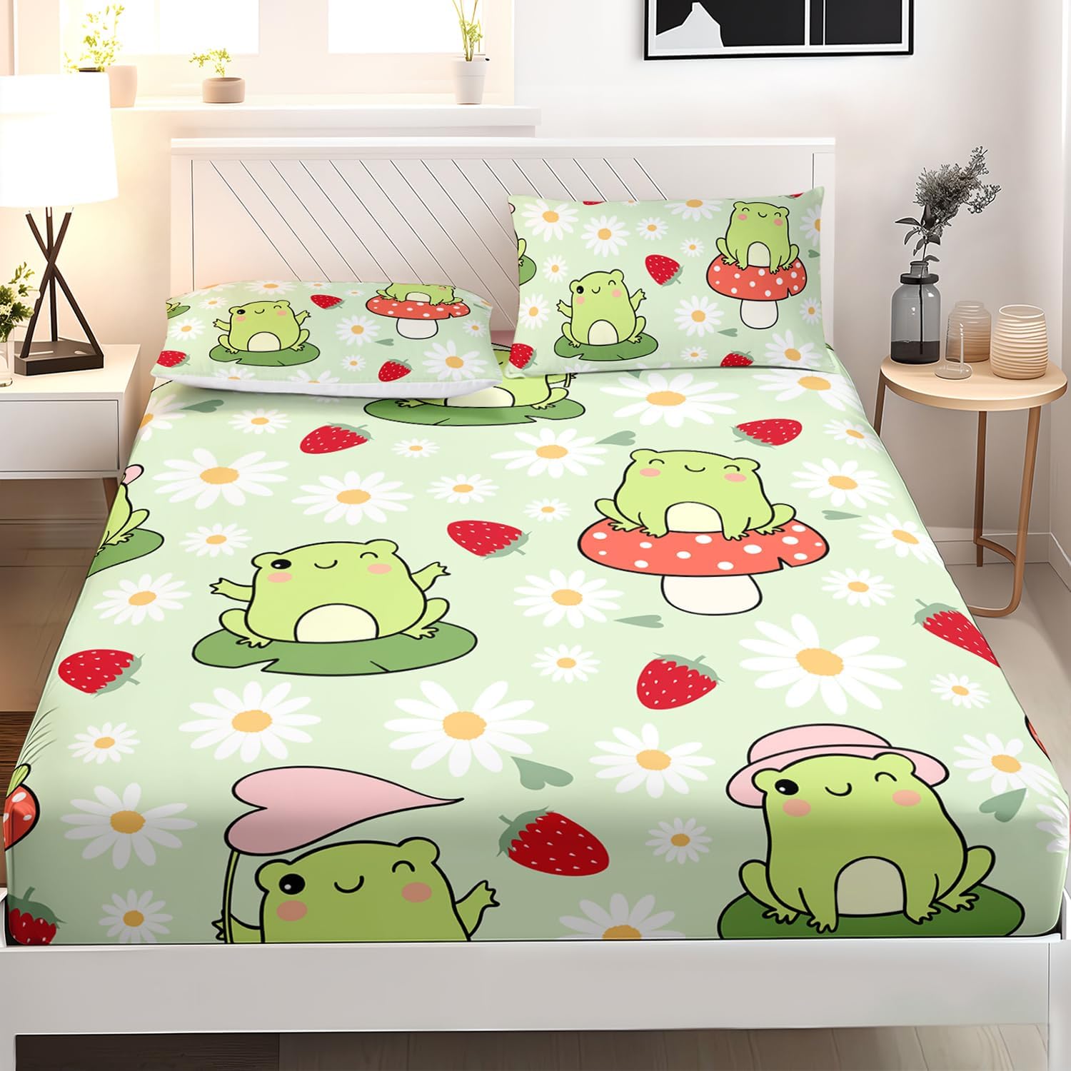 AILONEN Cute Frog Kids Fitted Sheet Set, 3 Pieces Twin Size Frog Bed Sheet Set,Cute Frog Strawberry Pattern Sheet Set, 1 Fitted Sheet and 2 Pillowcases,Green