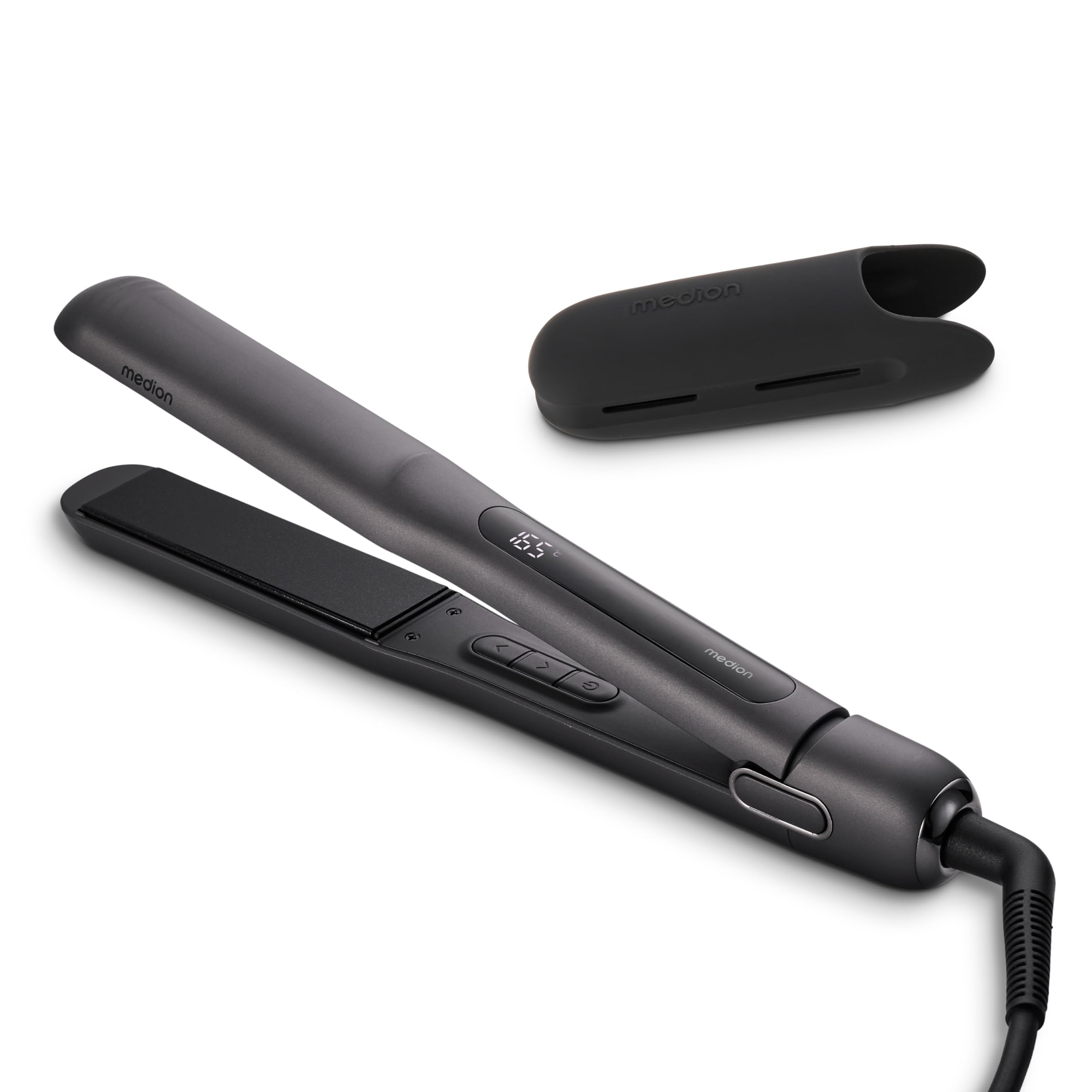 MEDION HS1 Piastra con display (5 impostazioni di calore regolabili, piastre riscaldanti flessibili in ceramica/tourmalina con sensore di temperatura, piastra per capelli) grigio
