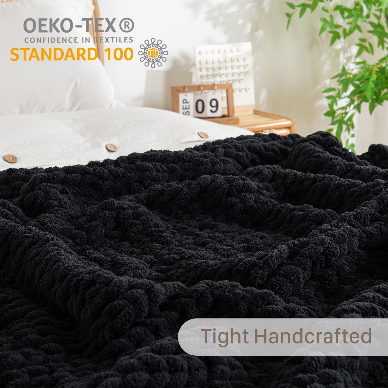 Chunky Knit Blanket Throw, 100% Hand Knit Throw Blanket Handmade Chenille Cable Knit Throw for Couch, Stylish Cozy Soft Rope Knot Crochet Blanket for Home Decor, Black, 50x60 Inches - Image 7