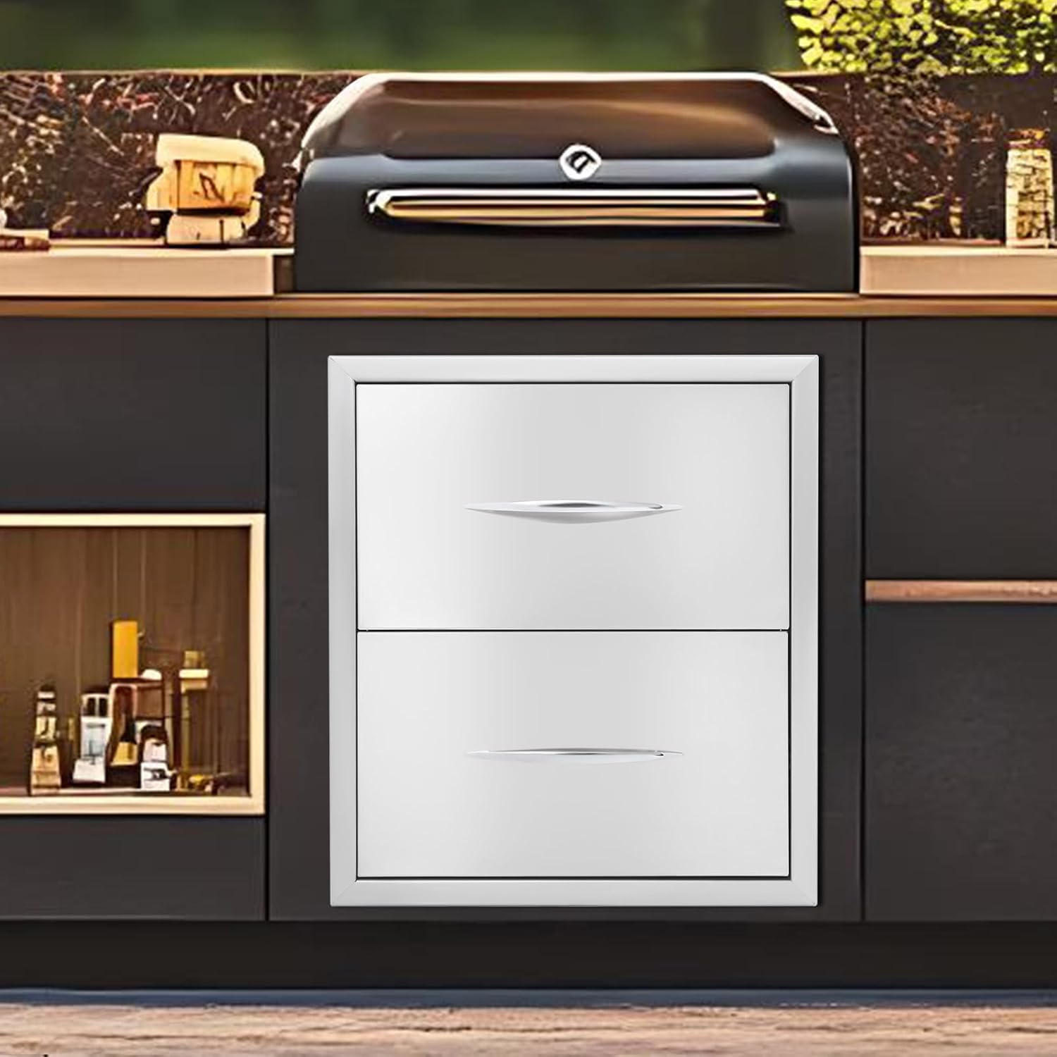 Outdoor Kitchen Drawers Stainless Steel Silver Built-in Drawer with Handle Flush Mount 1/2/3-tier BBQ Drawers for Outdoor Kitchen Island, Patio Grill Station (2-tier 12.4L*17.72W*20.08H inch)
