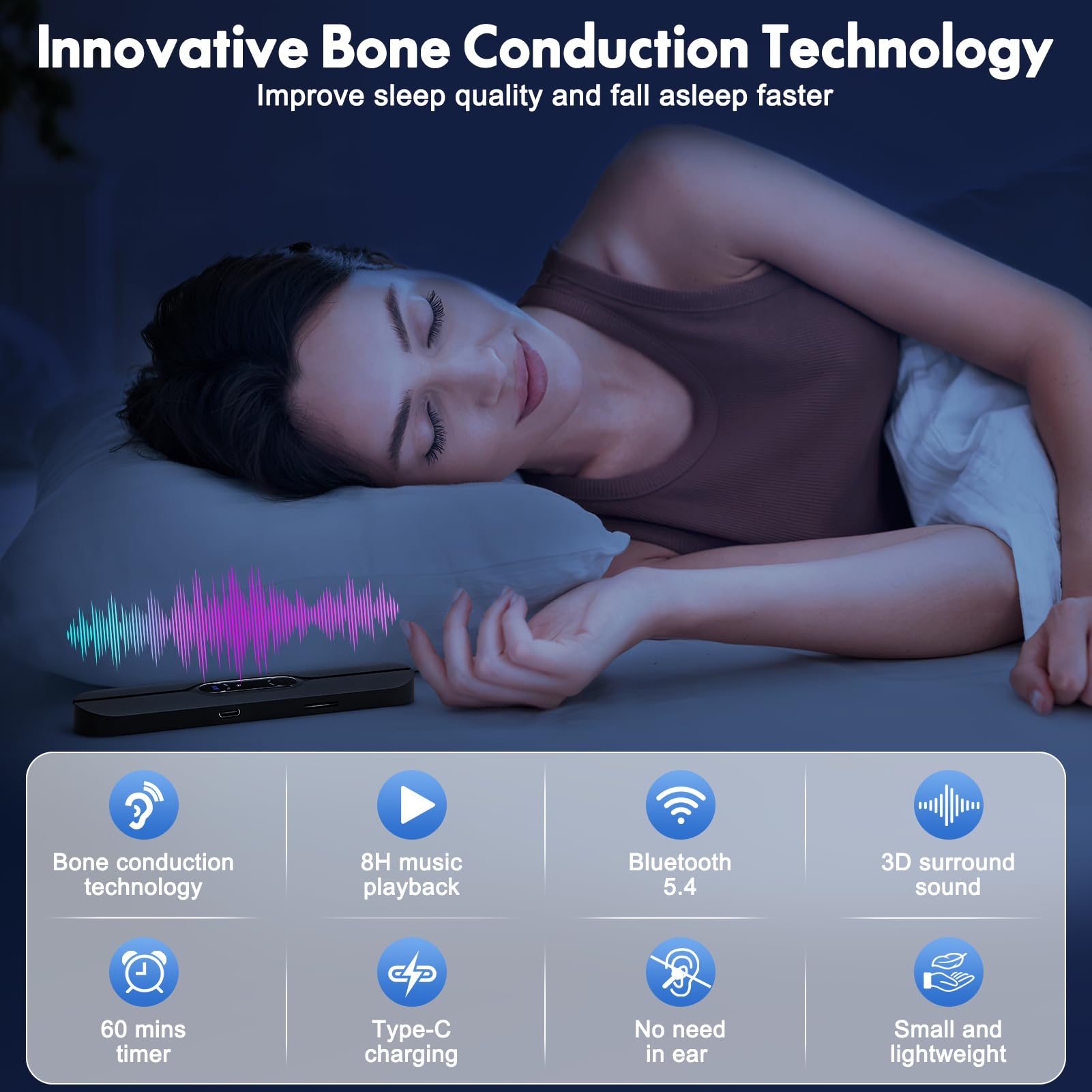 Bluetooth-Knochenschalllautsprecher, Tragbarer Schlaf Knochen Leitung Lautsprecher mit Stereo Bass, Kissenlautsprecher Bluetooth mit Weißes Rauschen, Lautstärkeregler, TF-Kartenunterstützung, Timer