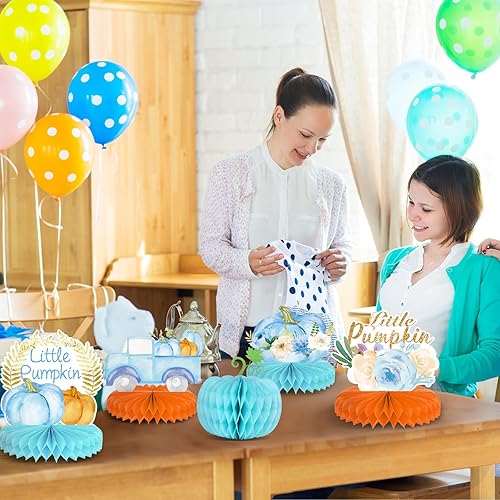 Miniatura 6 de 12 piezas de decoración de calabaza pequeña para baby shower, centros de mesa de calabaza de otoño, nido de abeja, A Little Pumpkin is On The Way,