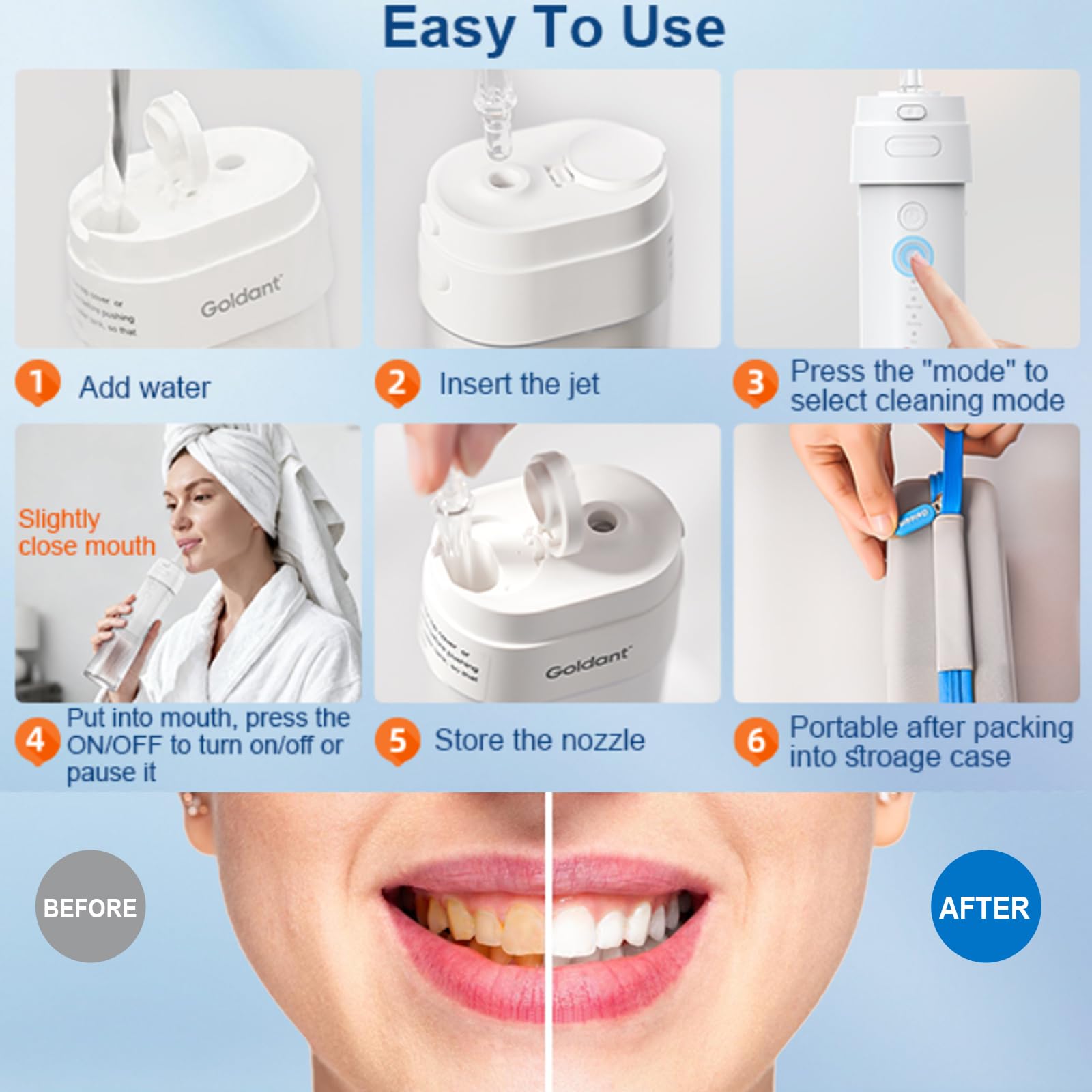 Irrigador bucal portátil para dientes con exquisita funda de viaje, mini irrigador oral recargable inalámbrico con tanque extraíble, IPX7 impermeable, 4 modos y 4 puntas de chorro para
