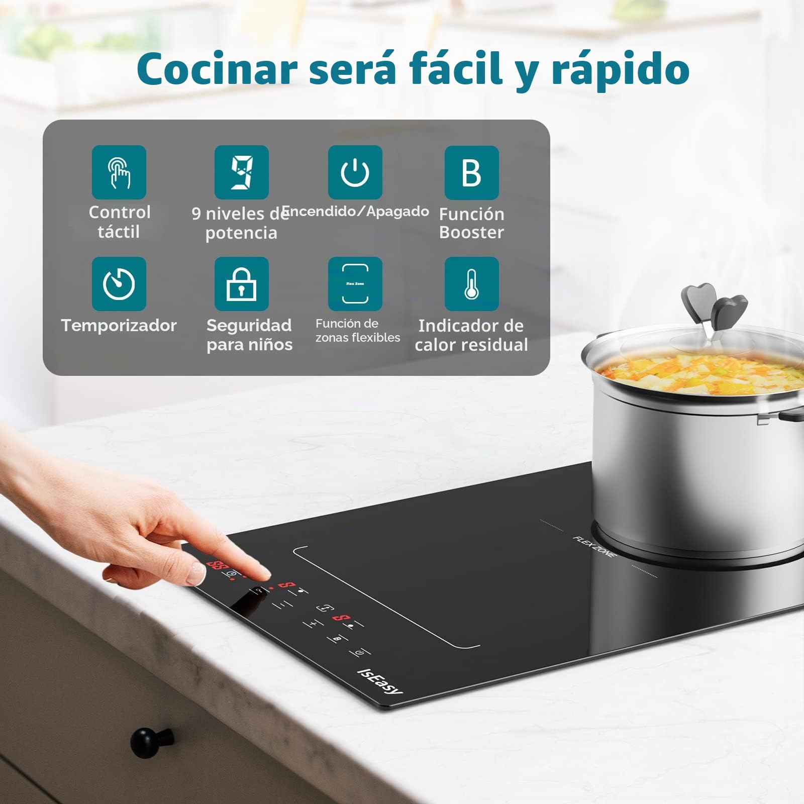 IsEasy - Placa de inducción con 2 luces empotrables, mesa de cocción eléctrica de 3400 W, 2 Boosters, temporizador, zonas flexibles, parada de coche, cerradura infantil, color negro