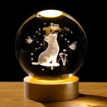 Arikyrist 3D Crystal Cat Figurines with Wooden Light Base, 80mm Crystal Ball Decor, Laser Engraved Glass Sphere Cat Gifts