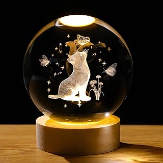 Arikyrist 3D Crystal Cat Figurine With Wooden LED Light Base, 80Mm Crystal Ball Decor, Laser Engraved Glass Sphere Gifts f... Price In India