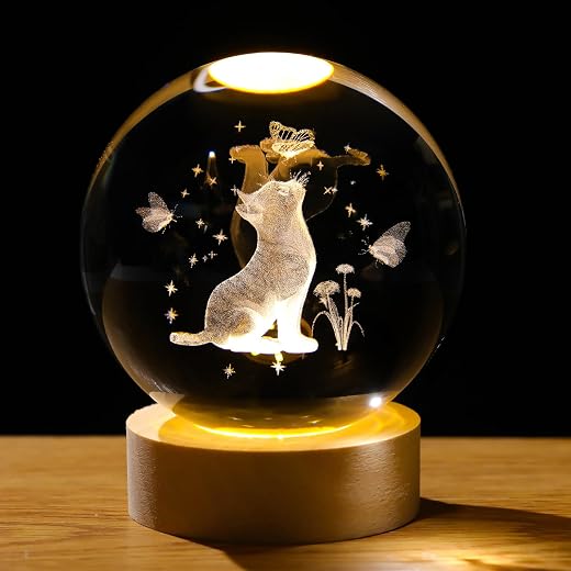 Arikyrist 3D Crystal Cat Figurine With Wooden LED Light Base, 80Mm Crystal Ball Decor, Laser Engraved Glass Sphere Gifts f...
