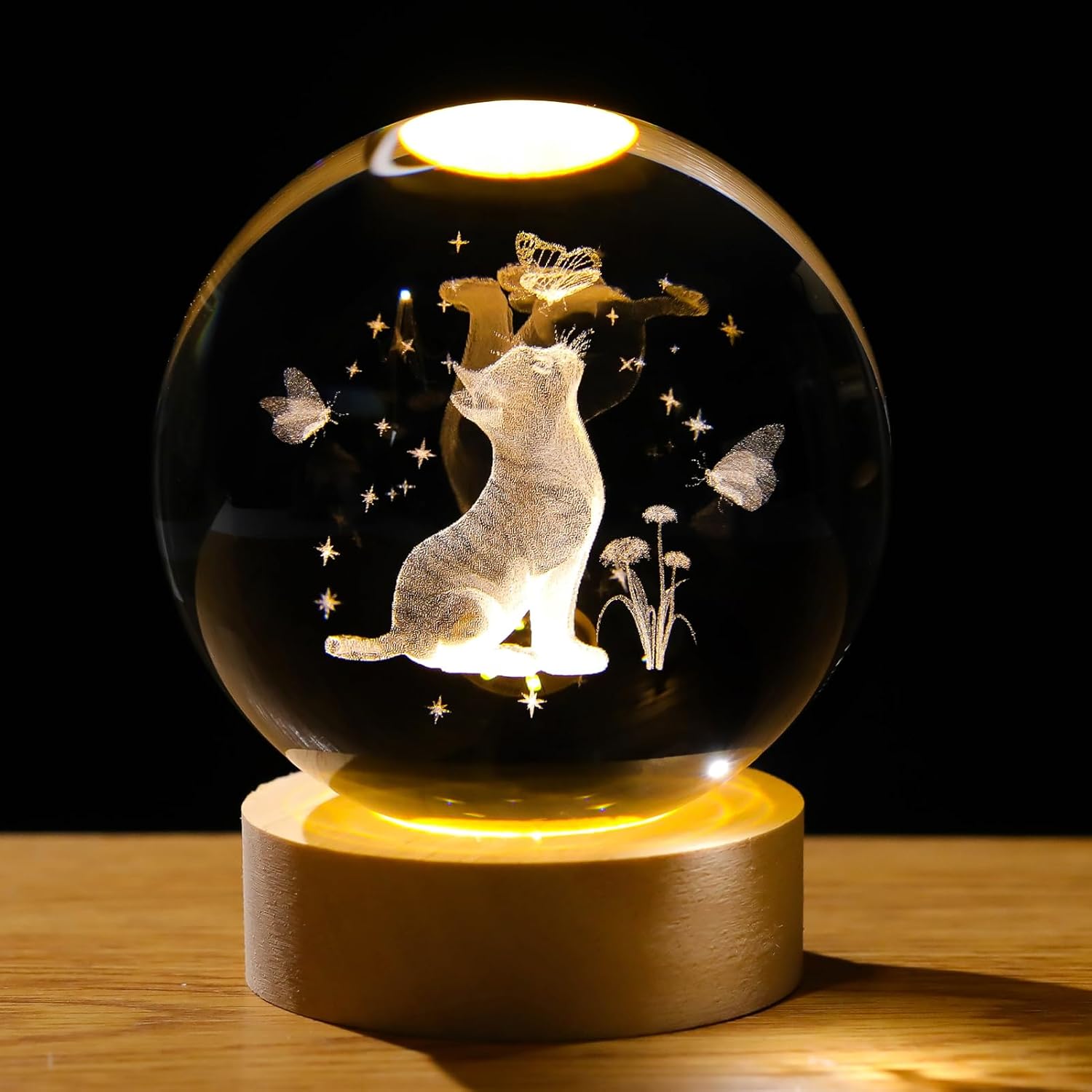 3D Crystal Cat Figurine With Wooden LED Light Base, 80Mm Crystal Ball Decor, Laser Engraved Glass Sphere Gifts for Cat Lovers