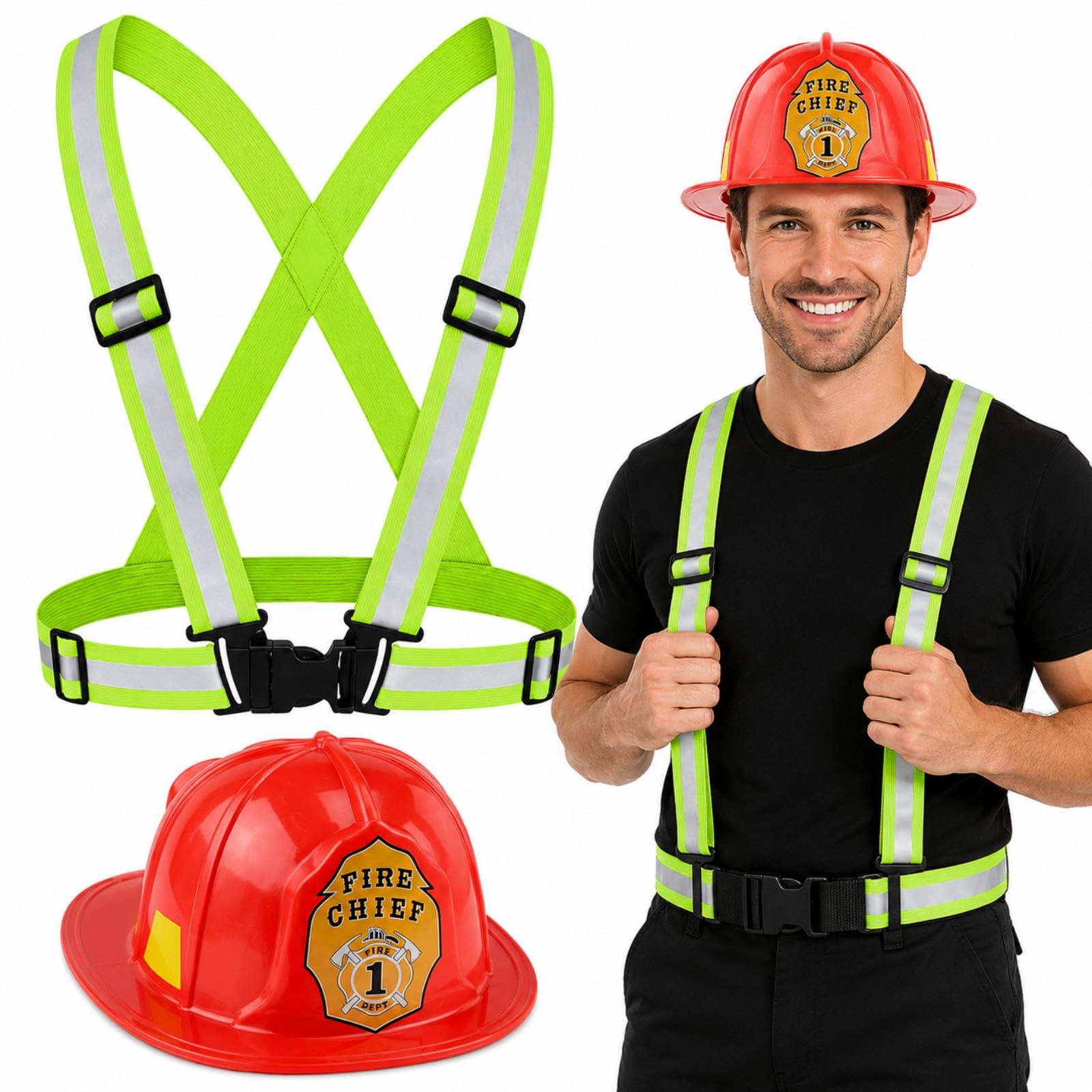 Haonyue Halloween Costumes Decorations, Adults Fireman Set, Firefighter Helmet and Vest Set, Firefighter Fire Chief Hat, Adjustable Reflective Vest for Halloween Roleplay Toys, Unisex Fancy Dress