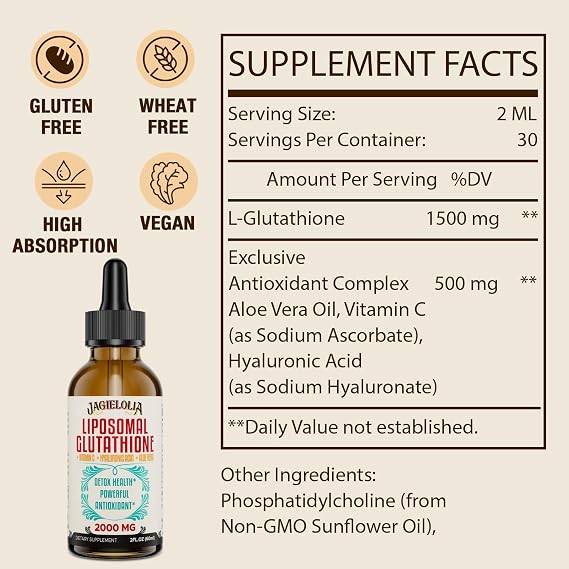 Jagielolia 2000MG Liposomal Glutathione Liquid, Made in The USA, Reduced Glutathione Supplement, Enhanced Absorption, Non-GMO, Powerful Antioxidant for Immune System, Energy, Aging Defense, 2 Floz