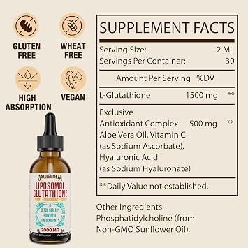 Jagielolia 2000MG Liposomal Glutathione Liquid, Made in The USA, Reduced Glutathione Supplement, Enhanced Absorption, Non-GMO, Powerful Antioxidant for Immune System, Energy, Aging Defense, 2 Floz