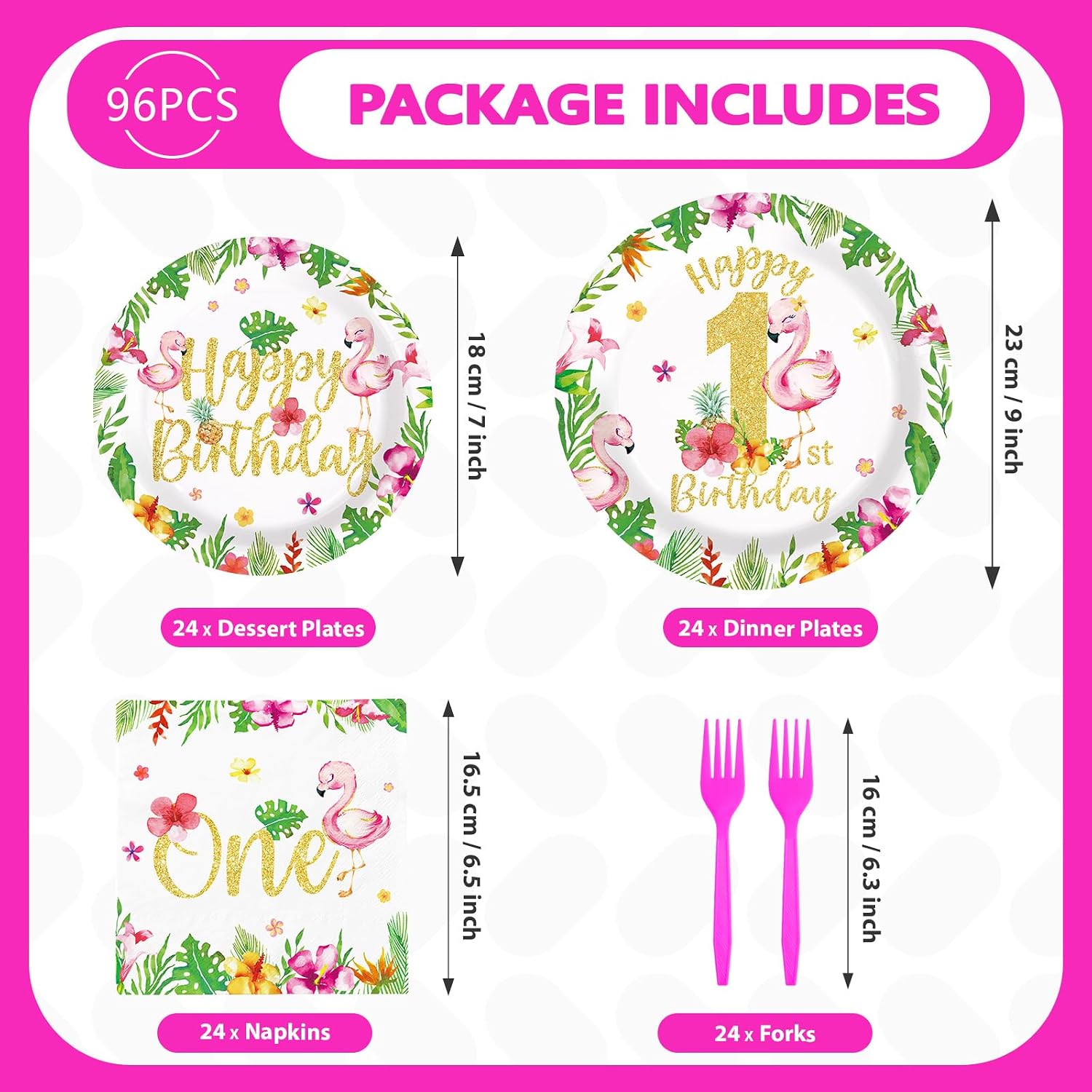 96 Pcs Flamingo 1st Birthday Party Supplies Disposable Flamingo Plates and Napkins Tableware Set Luau Tropical Hawaiian Party Decor for Summer Girls Kids One Year Old Birthday Party Serves 24