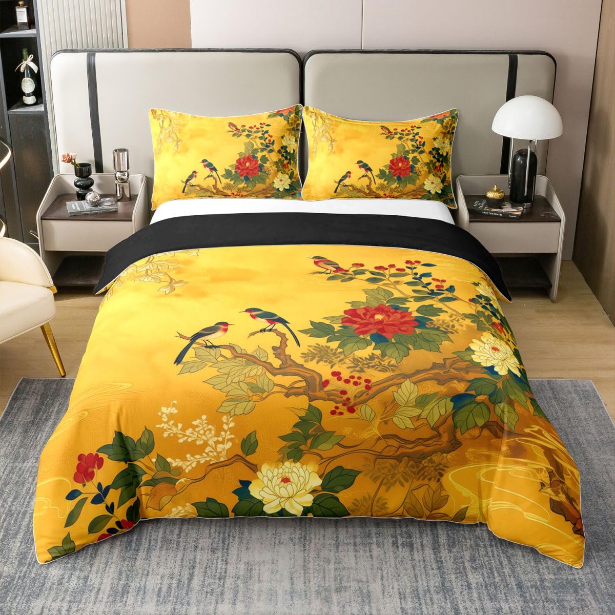 Homewish Coton Housse de Couette 220x240 Enfant Oiseaux Floraux Japonais Parure de Lit Fleurs de Pivoine Vintage Style Ukiyo e Japonais Esthétique Asiatique Orientale Traditionnelle