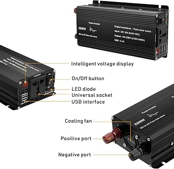 パワーインバーター 2200ワット 純正弦波インバーター 連続電力1100w Dc 12vからac 210v-240v 2.4a Usbポート1 Acコンセントとハードワイヤ端子付き