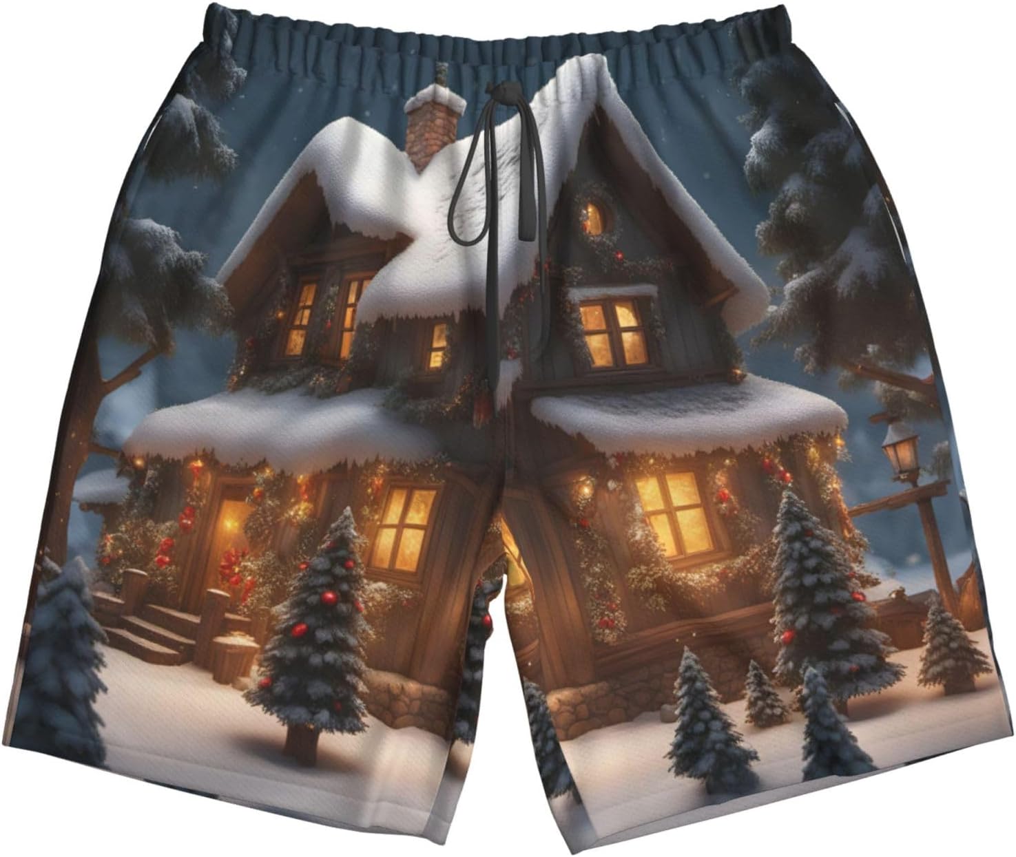 Mens Christmas Village House Print Beach Shorts,Casual Summer Shorts for Men,Quick Dry Polyester