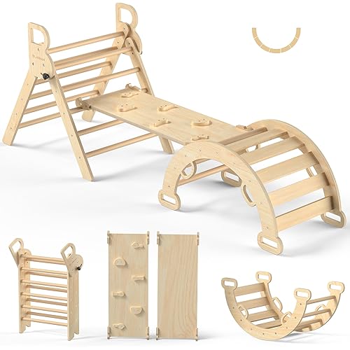 BlueWood Pikler Triangle Set, Toddler Wooden Climbing Toys Indoor 7in1 Climber, Foldable Kids Climbing Toys, Montessori Play Jungle Gym with Arch, Ramp, Ladder (Natural)