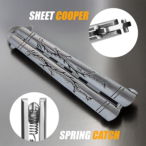 Miniatura 7 de cuchillo mariposa de práctica, hoja desafilada de acero inoxidable para entrenamiento, dragón negro (plateado)