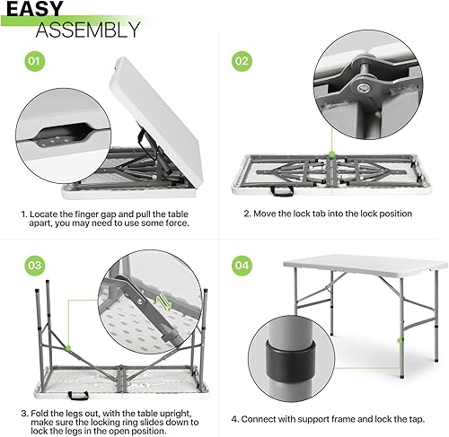 Miniatura 9 de Magshion Mesa plegable de plástico de 4 pies, mesa de comedor portátil plegable para interiores y exteriores con asa, ideal para picnic, fiesta,